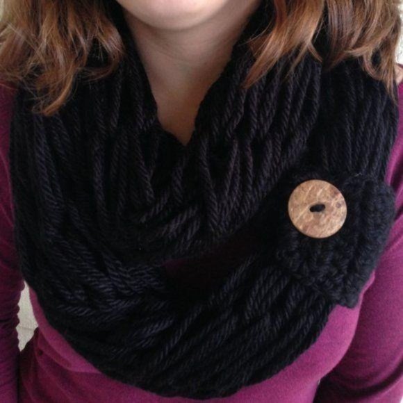 Handmade Black infinity scarf with coconut button cuff one size lightweight y2k - Picture 5 of 5